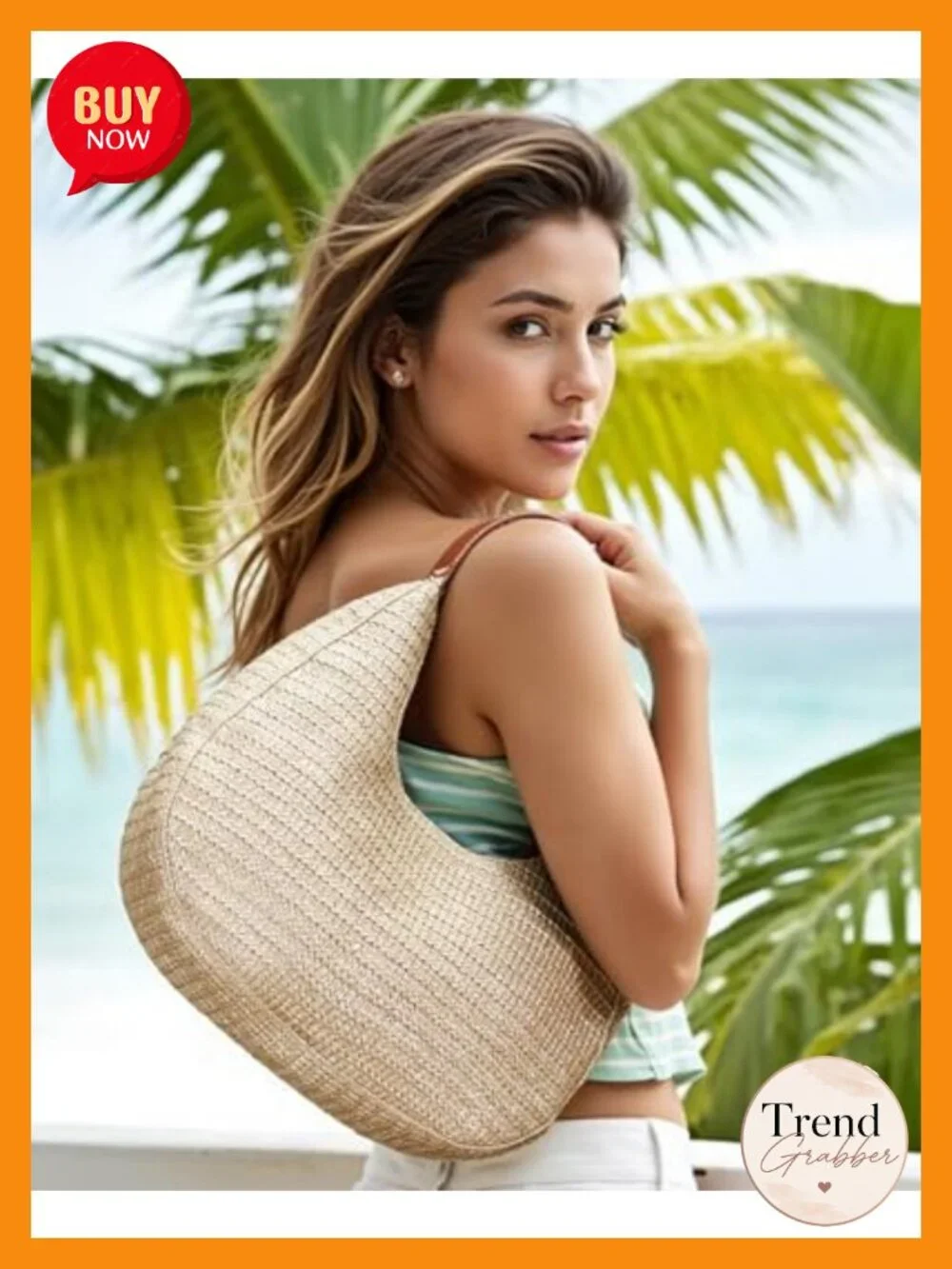 Hobo Crescent Straw Handbag with Adjustable Strap - Summer Beach Tote